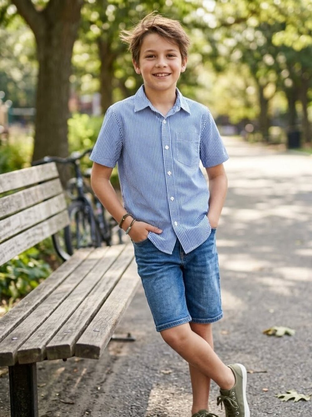 Gap Boys Size 10 Oxford Blue Strip Short Sleeve Collard Button Down Pocket Shirt